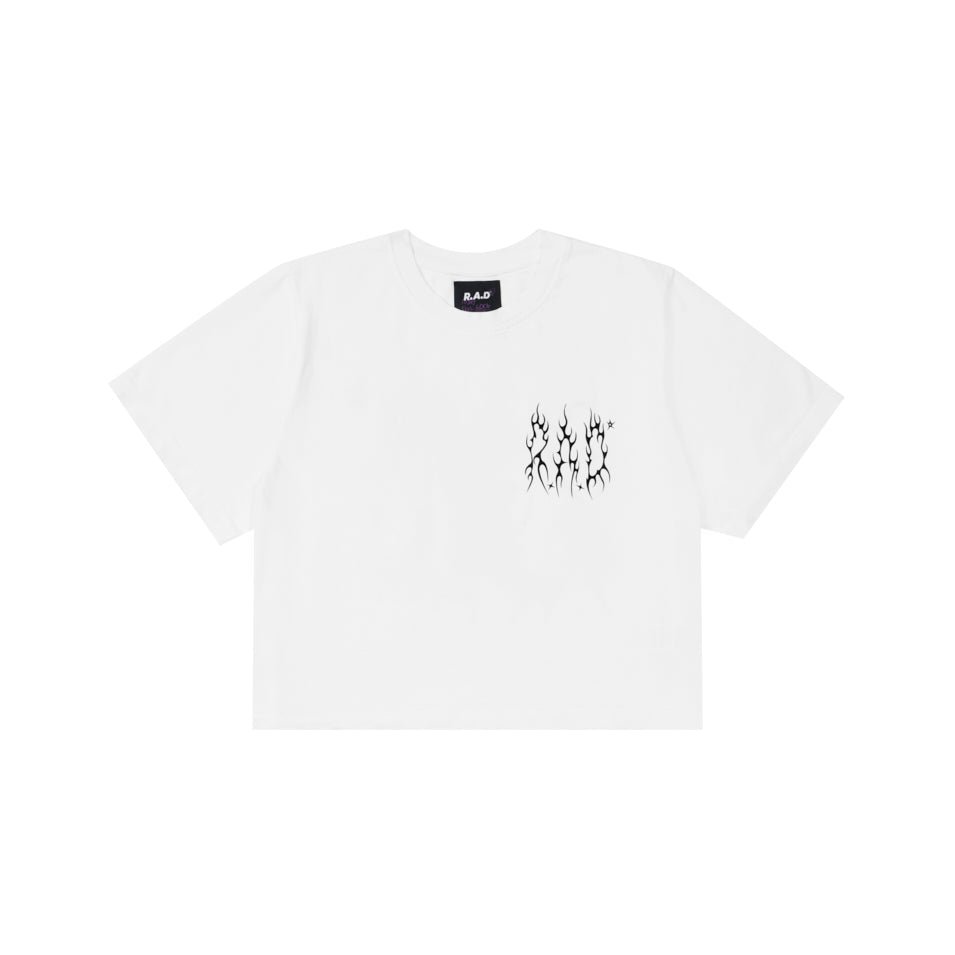 CROP METAL TEE WHITE at R.A.D® - Performance Crop Tee . 0326-WCTMEBW_R.A.DWomensCroppedTeeMETALBRILLIANTWHITE_A