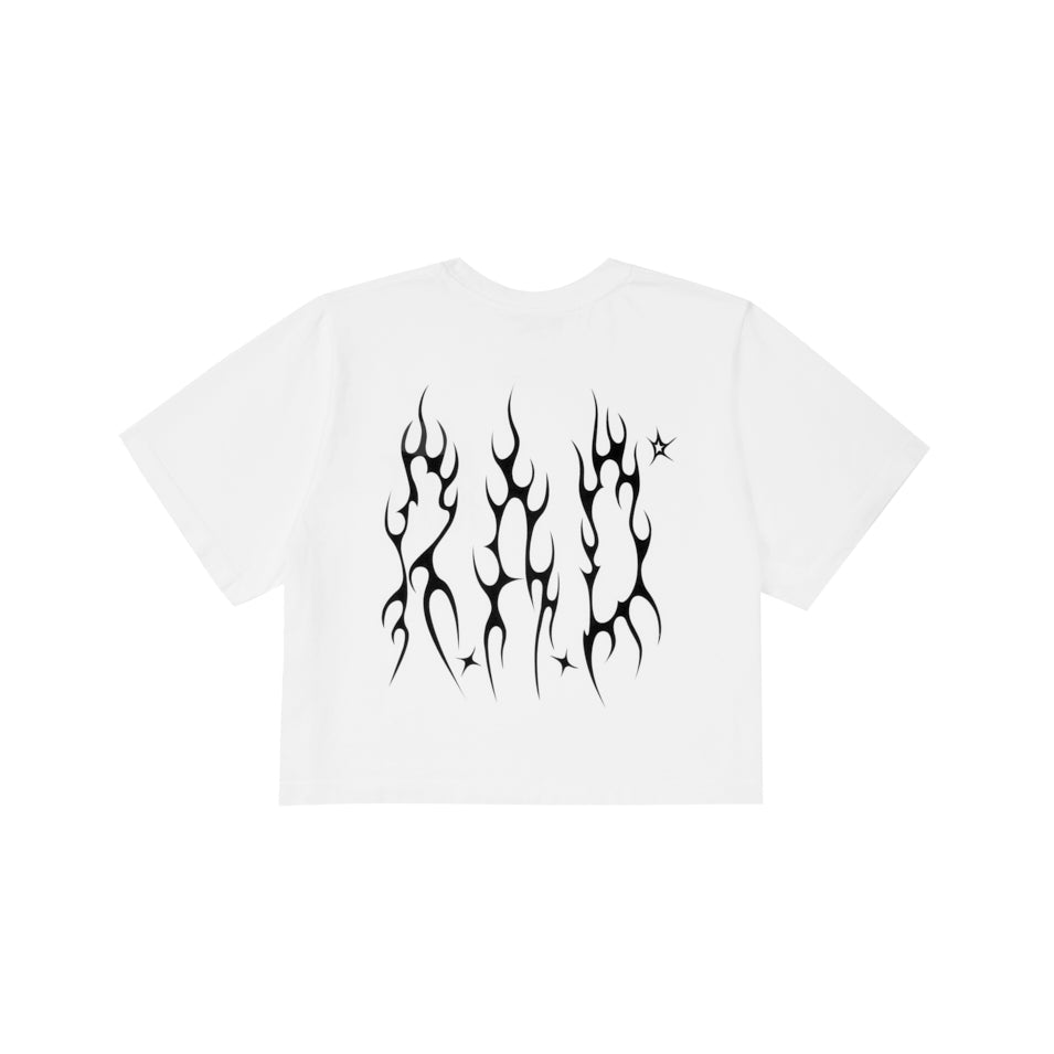 CROP METAL TEE WHITE at R.A.D® - Performance Crop Tee . 0326-WCTMEBW_R.A.DWomensCroppedTeeMETALBRILLIANTWHITE_B