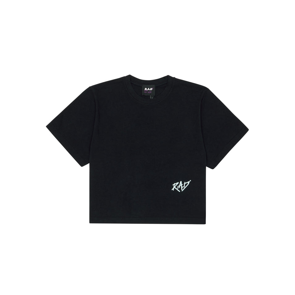 GLOBE CROP TEE BLACK at R.A.D® - Performance Crop Tee . SKETCHGLOBECROP_BLACK_A — View 2