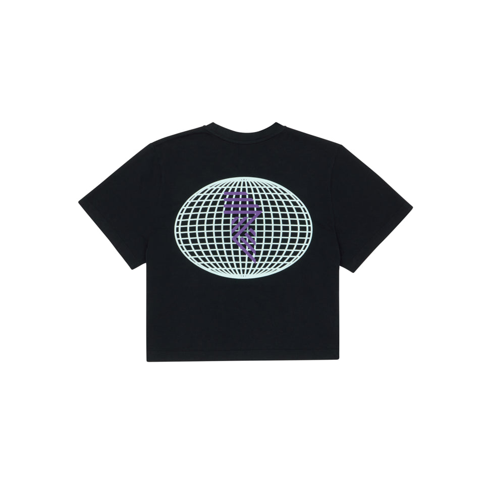 GLOBE CROP TEE BLACK at R.A.D® - Performance Crop Tee . SKETCHGLOBECROP_BLACK_B — View 1