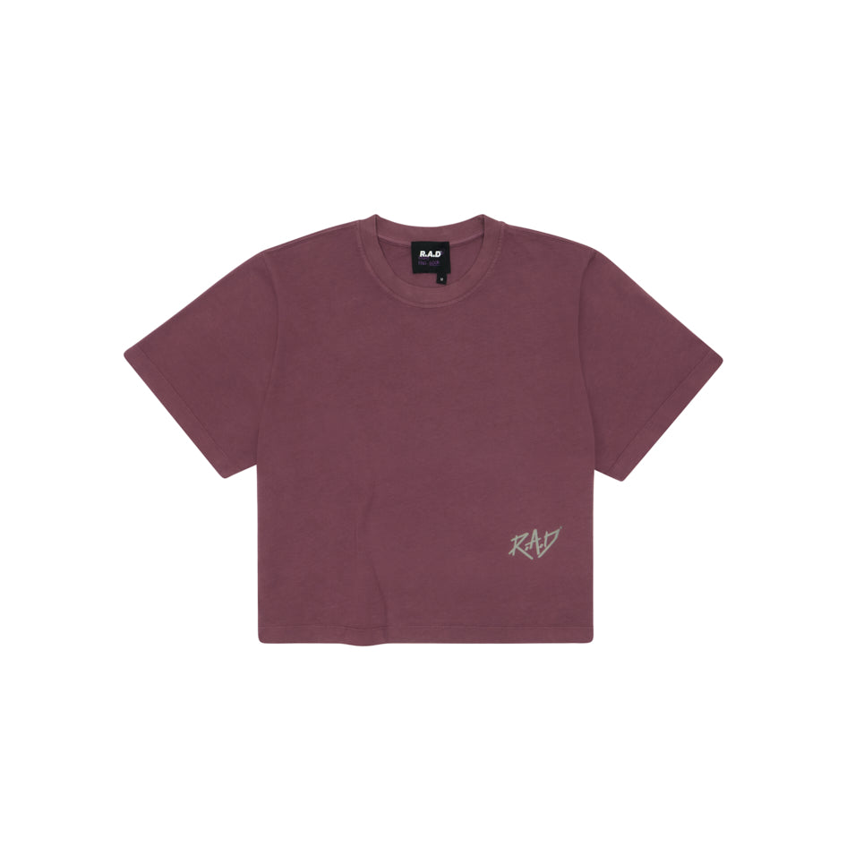 GLOBE CROP TEE PLUM at R.A.D® - Performance Crop Tee . SKETCHGLOBECROP_PLUMWINE_A — View 2